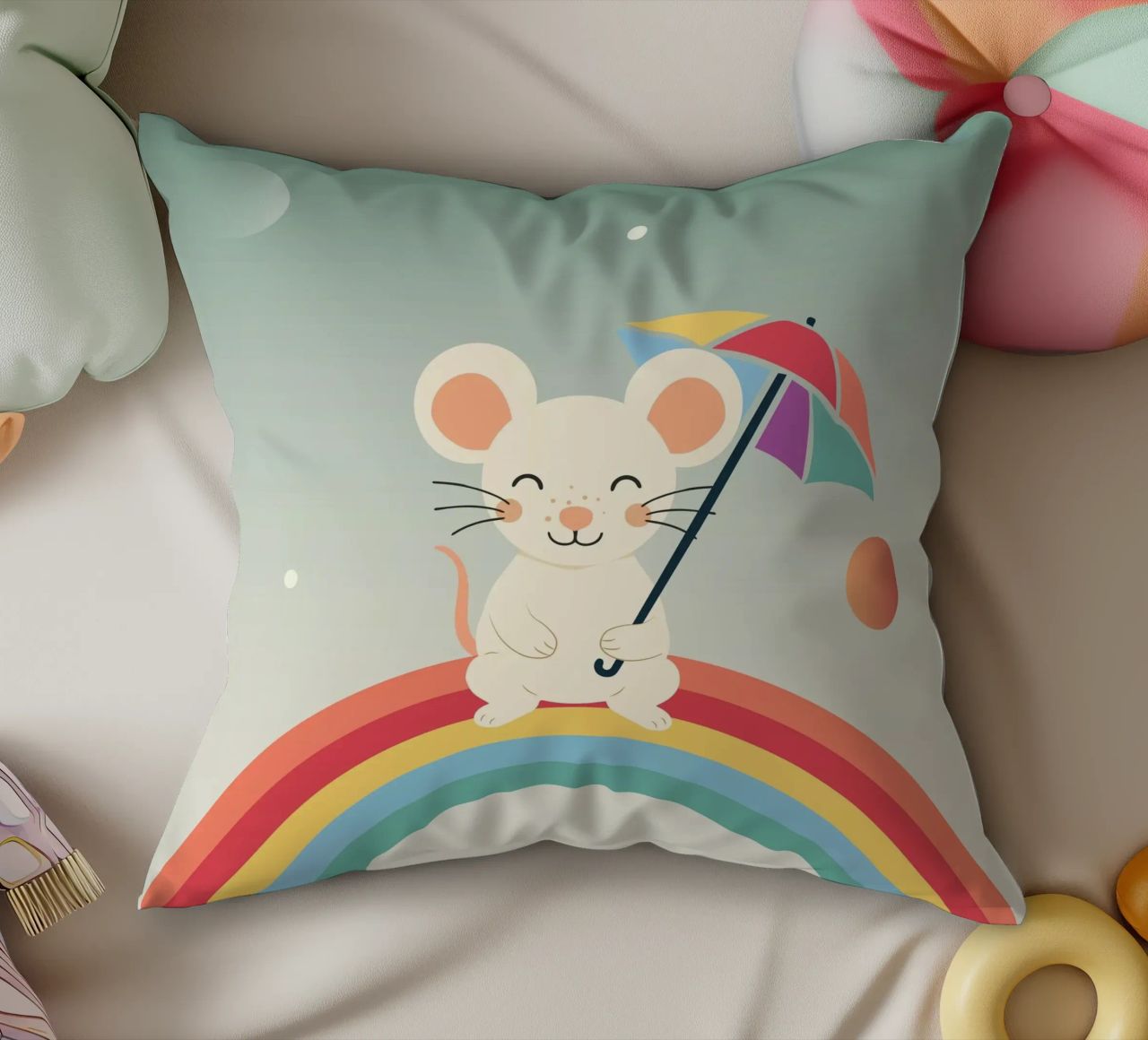 Une souris joyeuse avec un parapluie sur un arc-en-ciel - Motif ludique coussin de namosh