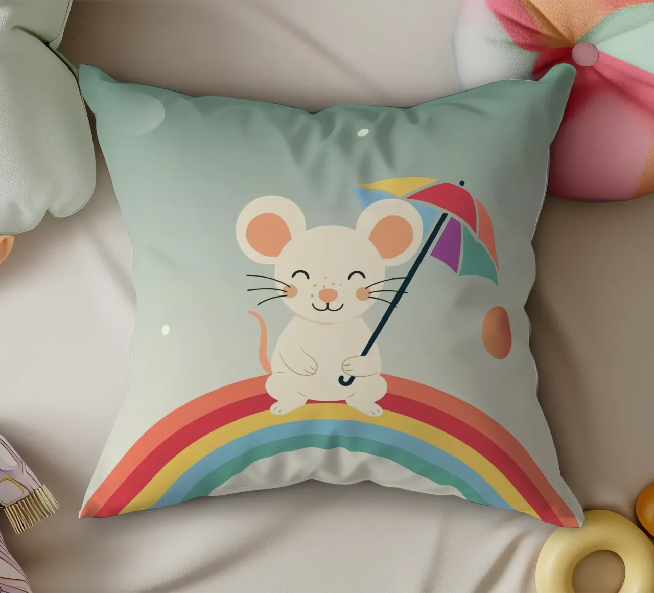 Fröhliche Maus mit Schirm auf Regenbogen – Verspieltes Motiv Kissen von namosh