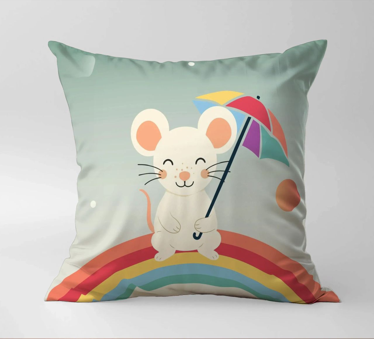 Une souris joyeuse avec un parapluie sur un arc-en-ciel - Motif ludique coussin de namosh