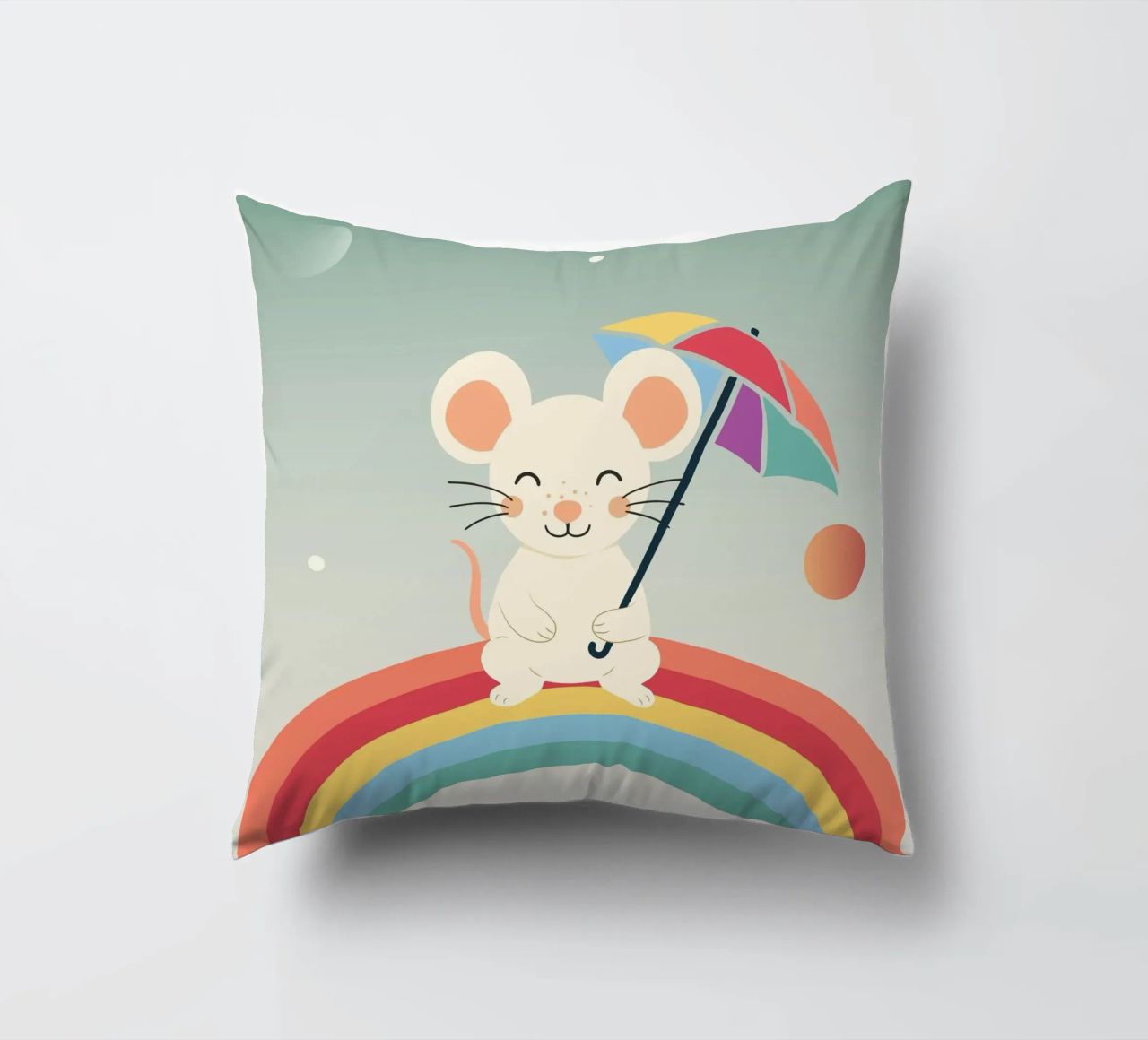 Une souris joyeuse avec un parapluie sur un arc-en-ciel - Motif ludique coussin de namosh