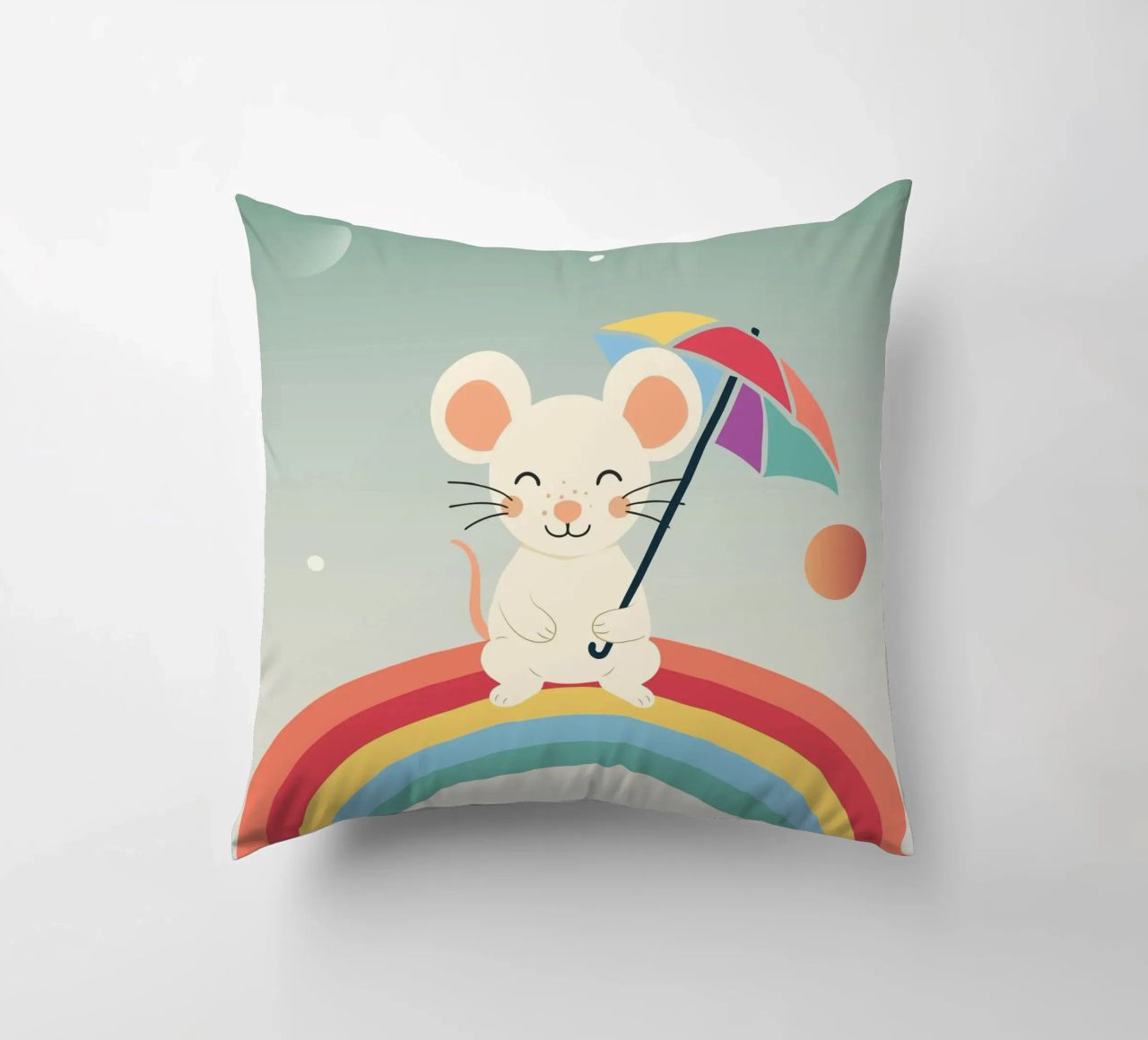 Une souris joyeuse avec un parapluie sur un arc-en-ciel - Motif ludique coussin de namosh