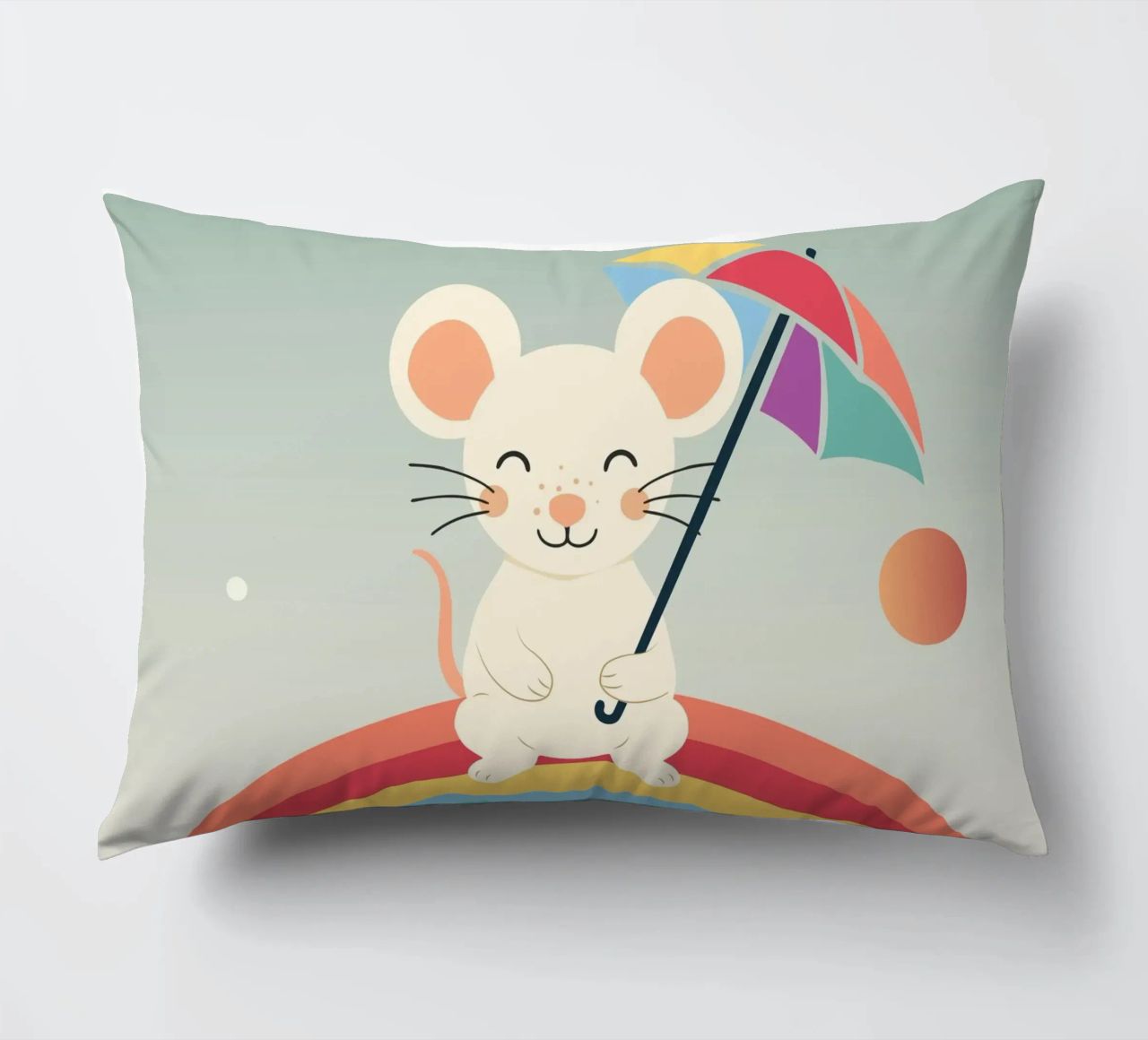 Une souris joyeuse avec un parapluie sur un arc-en-ciel - Motif ludique coussin de namosh