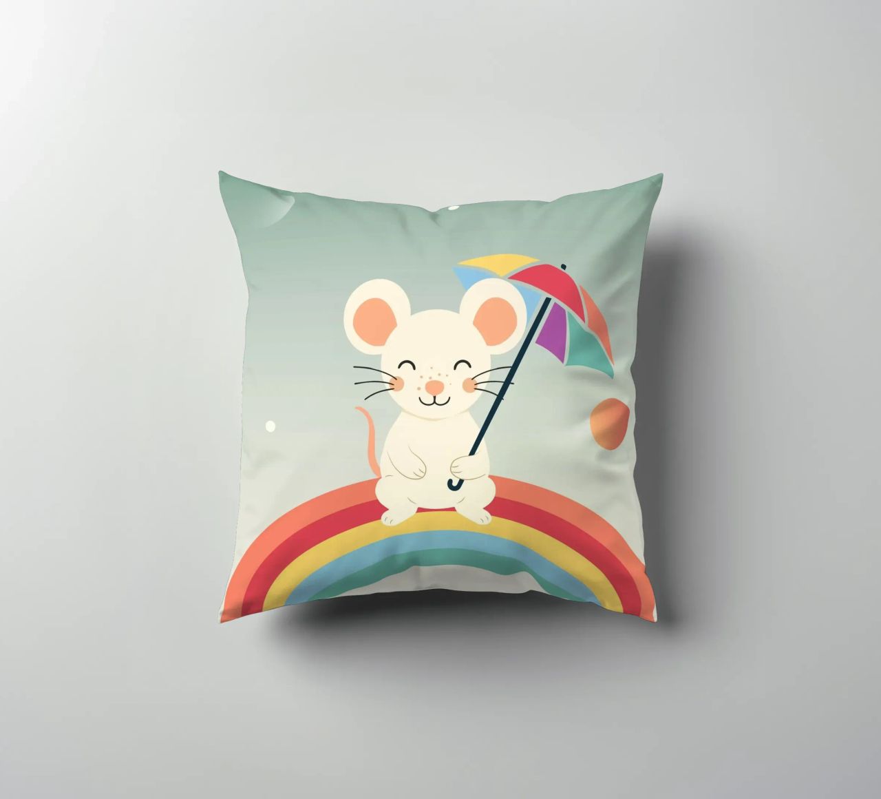 Une souris joyeuse avec un parapluie sur un arc-en-ciel - Motif ludique coussin de namosh