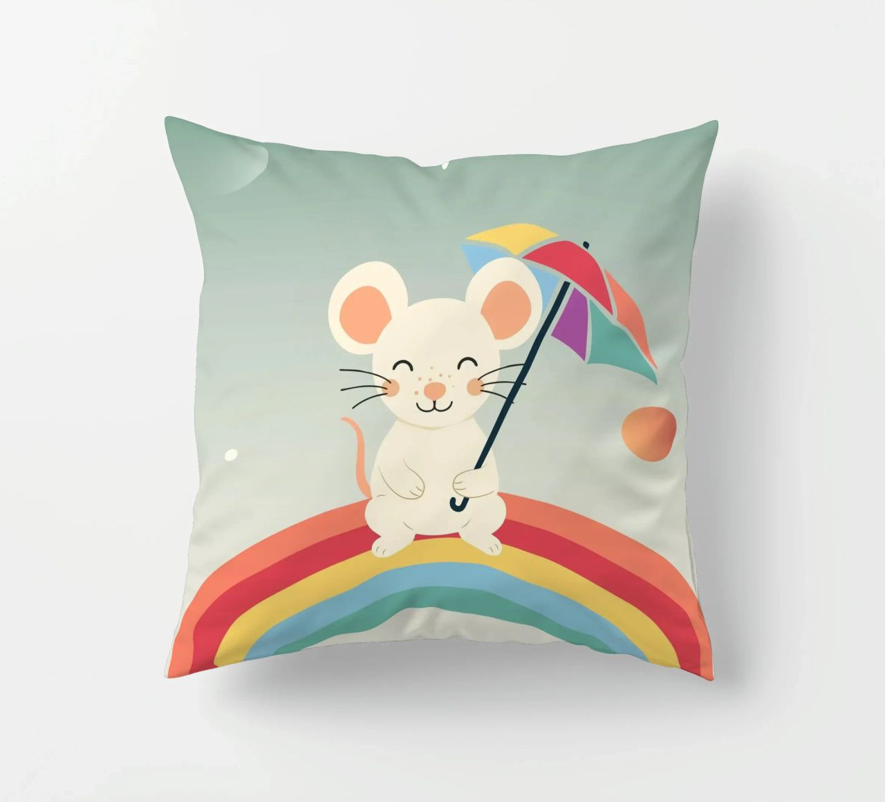 Une souris joyeuse avec un parapluie sur un arc-en-ciel - Motif ludique coussin de namosh