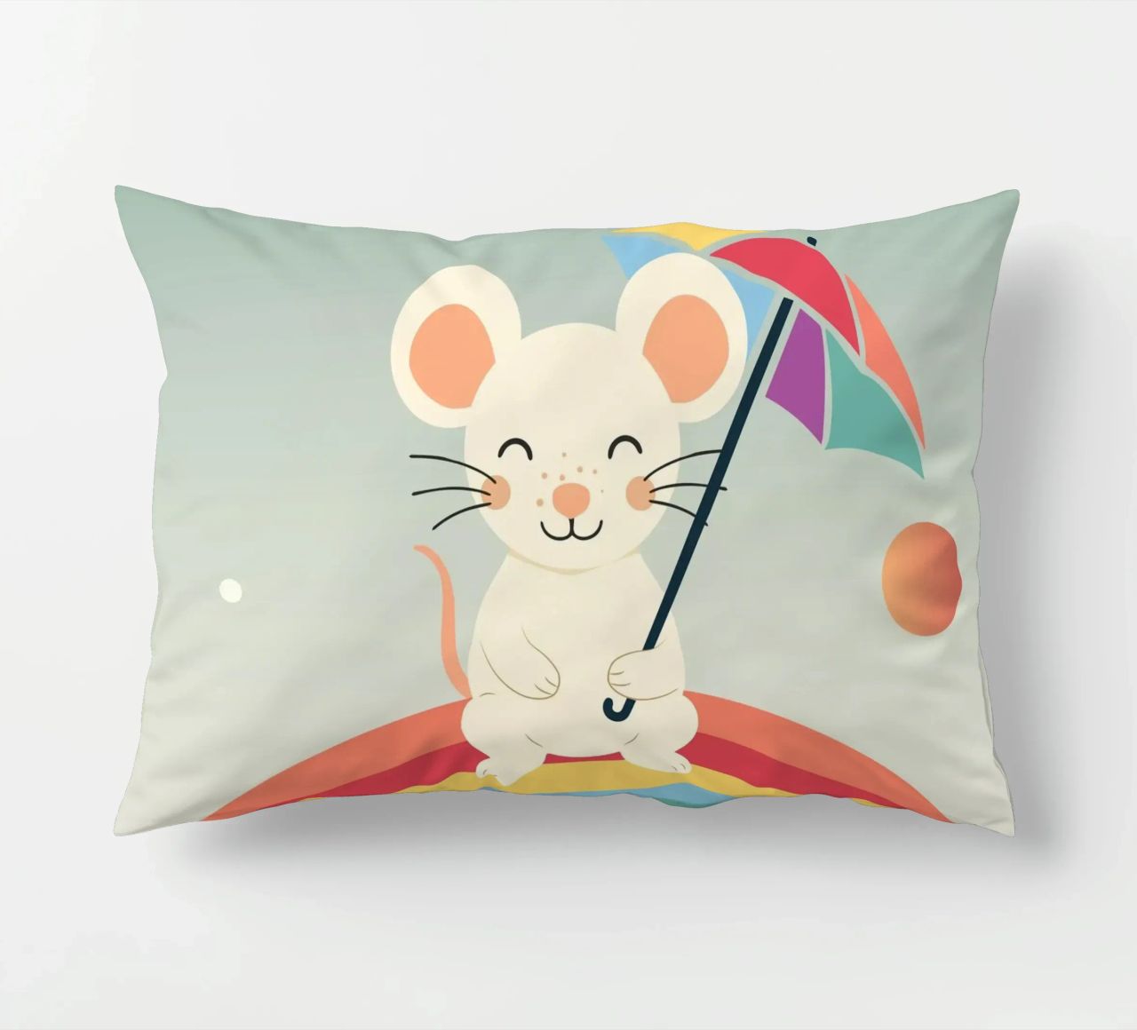 Une souris joyeuse avec un parapluie sur un arc-en-ciel - Motif ludique coussin de namosh