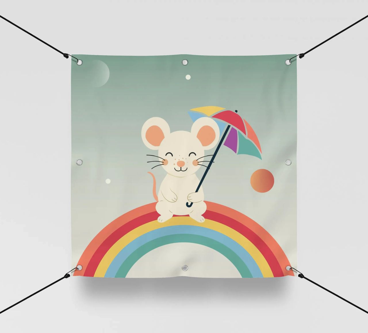 Une souris joyeuse avec un parapluie sur un arc-en-ciel - Motif ludique bâche pvc de namosh