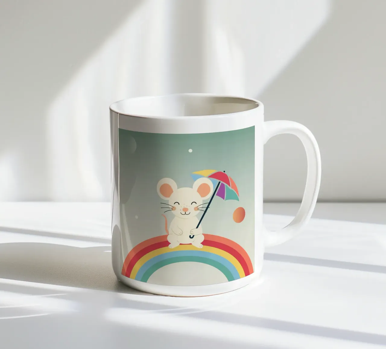 Une souris joyeuse avec un parapluie sur un arc-en-ciel - Motif ludique mug en céramique de namosh