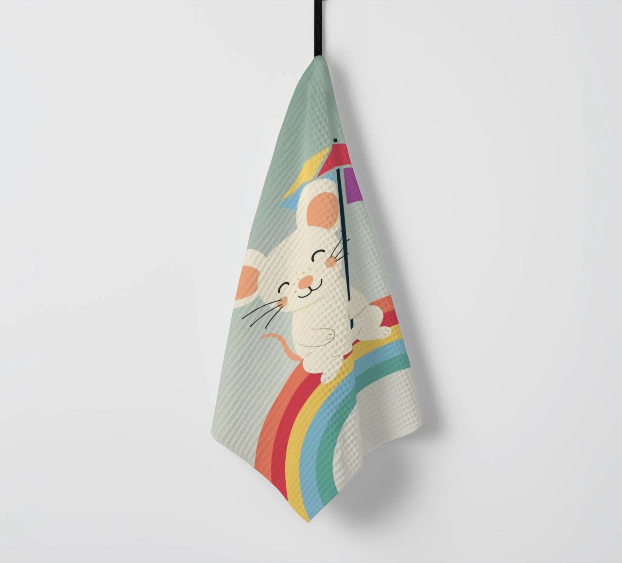 Une souris joyeuse avec un parapluie sur un arc-en-ciel - Motif ludique torchon de namosh