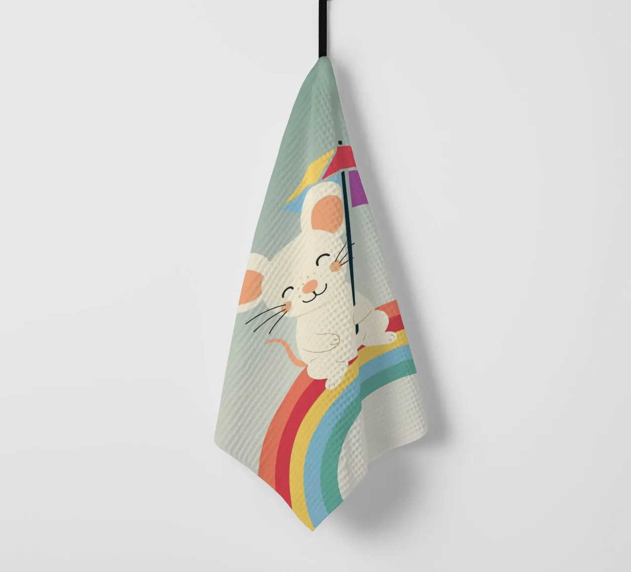 Une souris joyeuse avec un parapluie sur un arc-en-ciel - Motif ludique torchon de namosh