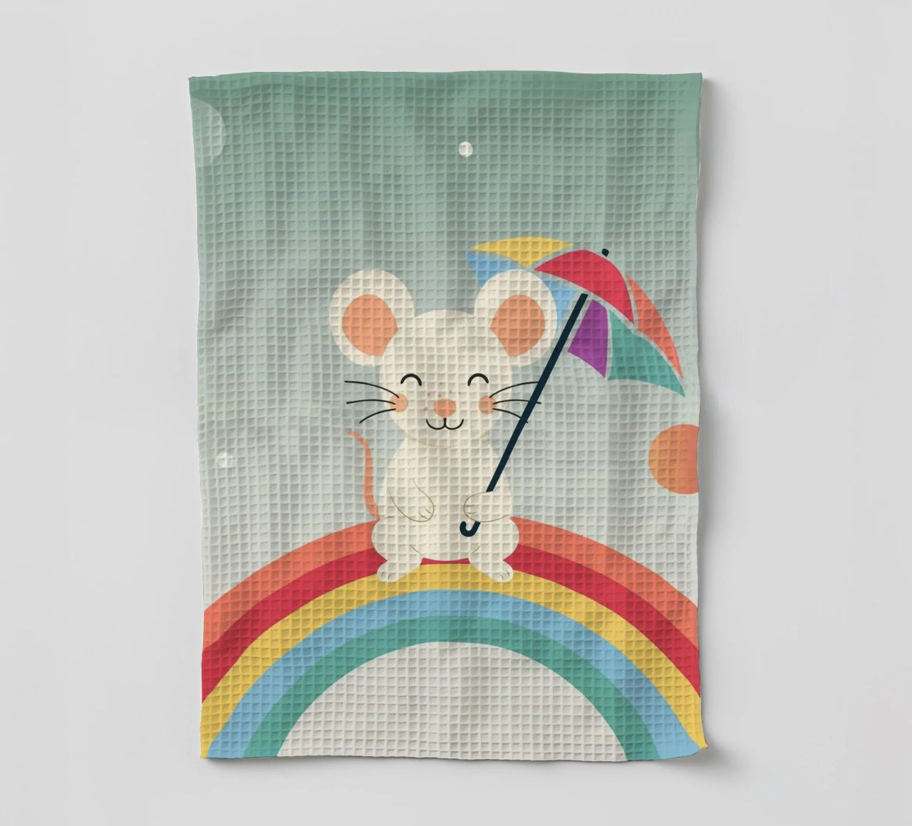 Une souris joyeuse avec un parapluie sur un arc-en-ciel - Motif ludique torchon de namosh