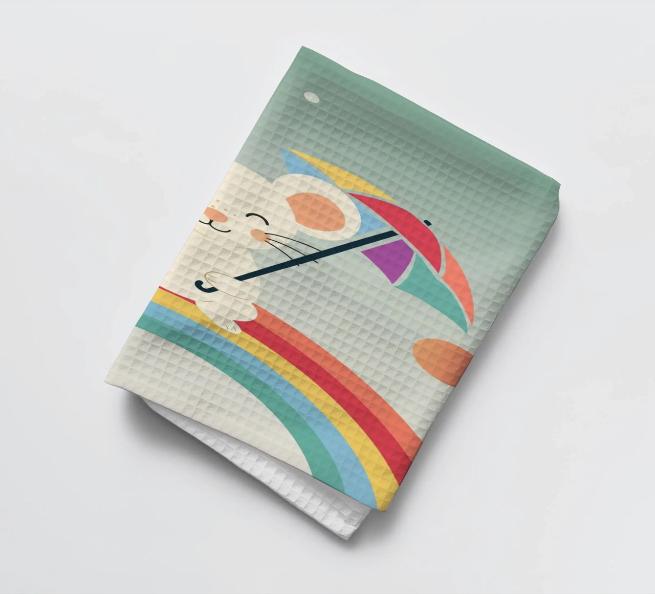 Une souris joyeuse avec un parapluie sur un arc-en-ciel - Motif ludique torchon de namosh