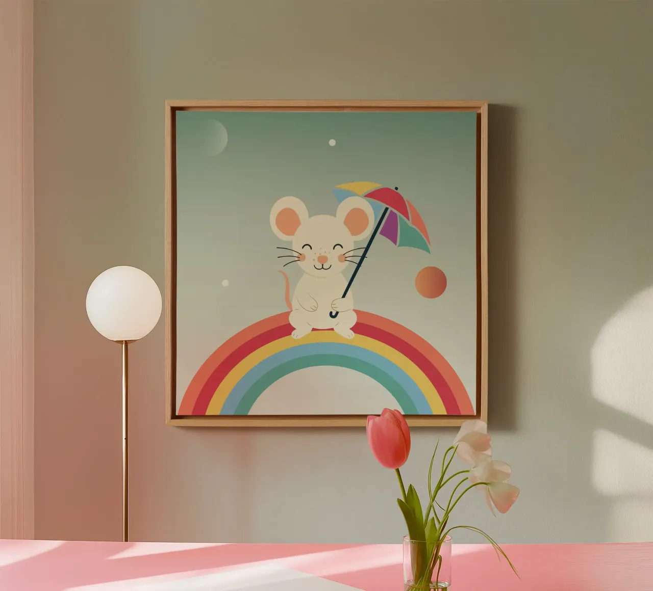 Une souris joyeuse avec un parapluie sur un arc-en-ciel - Motif ludique toile avec Caisse américaine de namosh