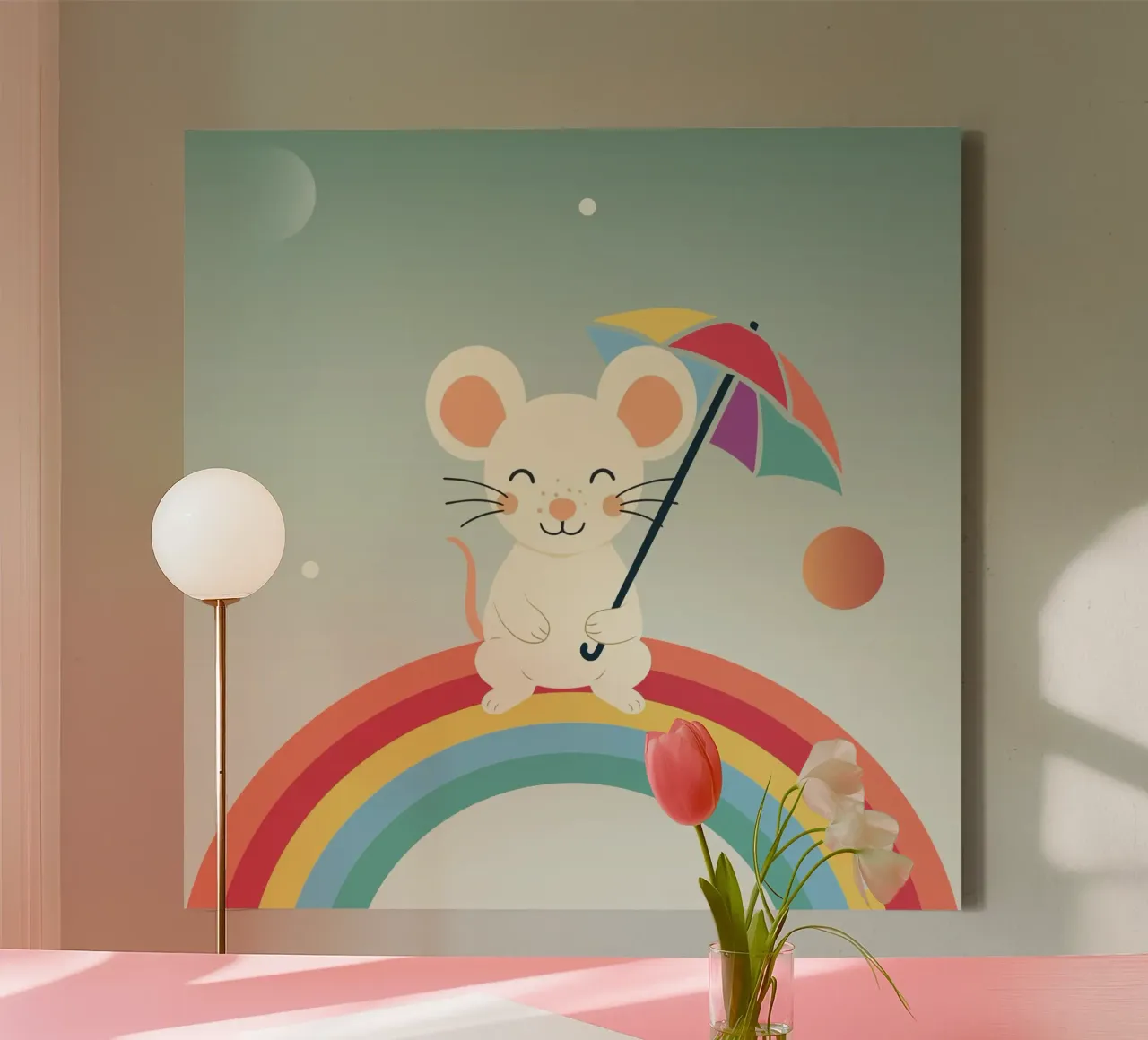 Une souris joyeuse avec un parapluie sur un arc-en-ciel - Motif ludique toile avec Caisse américaine de namosh