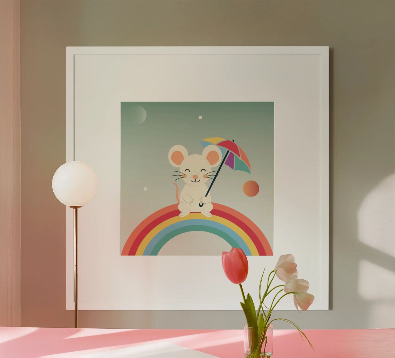 Une souris joyeuse avec un parapluie sur un arc-en-ciel - Motif ludique poster de namosh