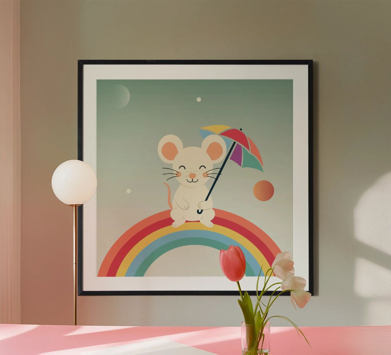 Une souris joyeuse avec un parapluie sur un arc-en-ciel - Motif ludique poster de namosh