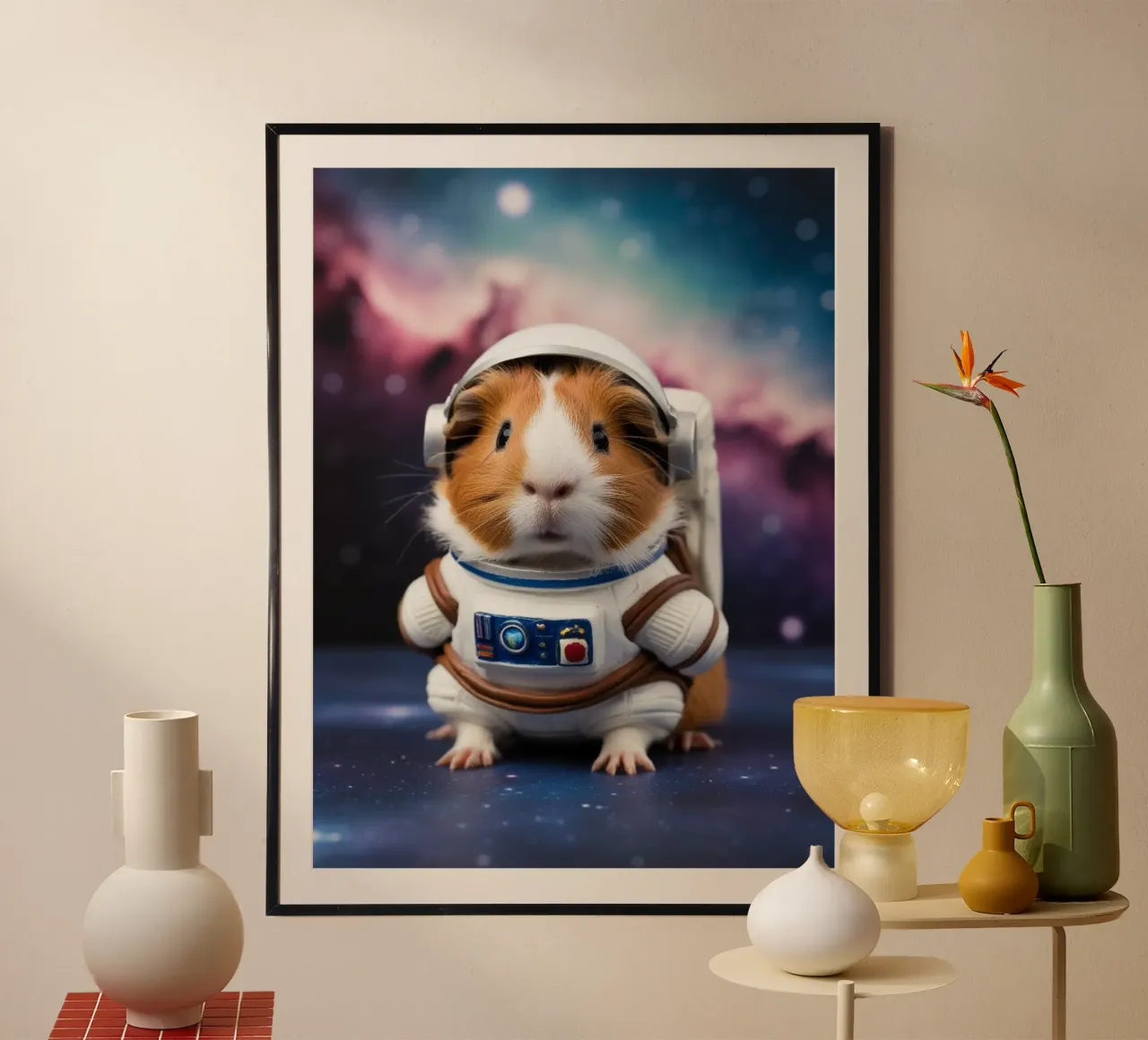 Ein Meerschweinchen in einem Raumanzug poster con telaio in plastica da Poster Dreams