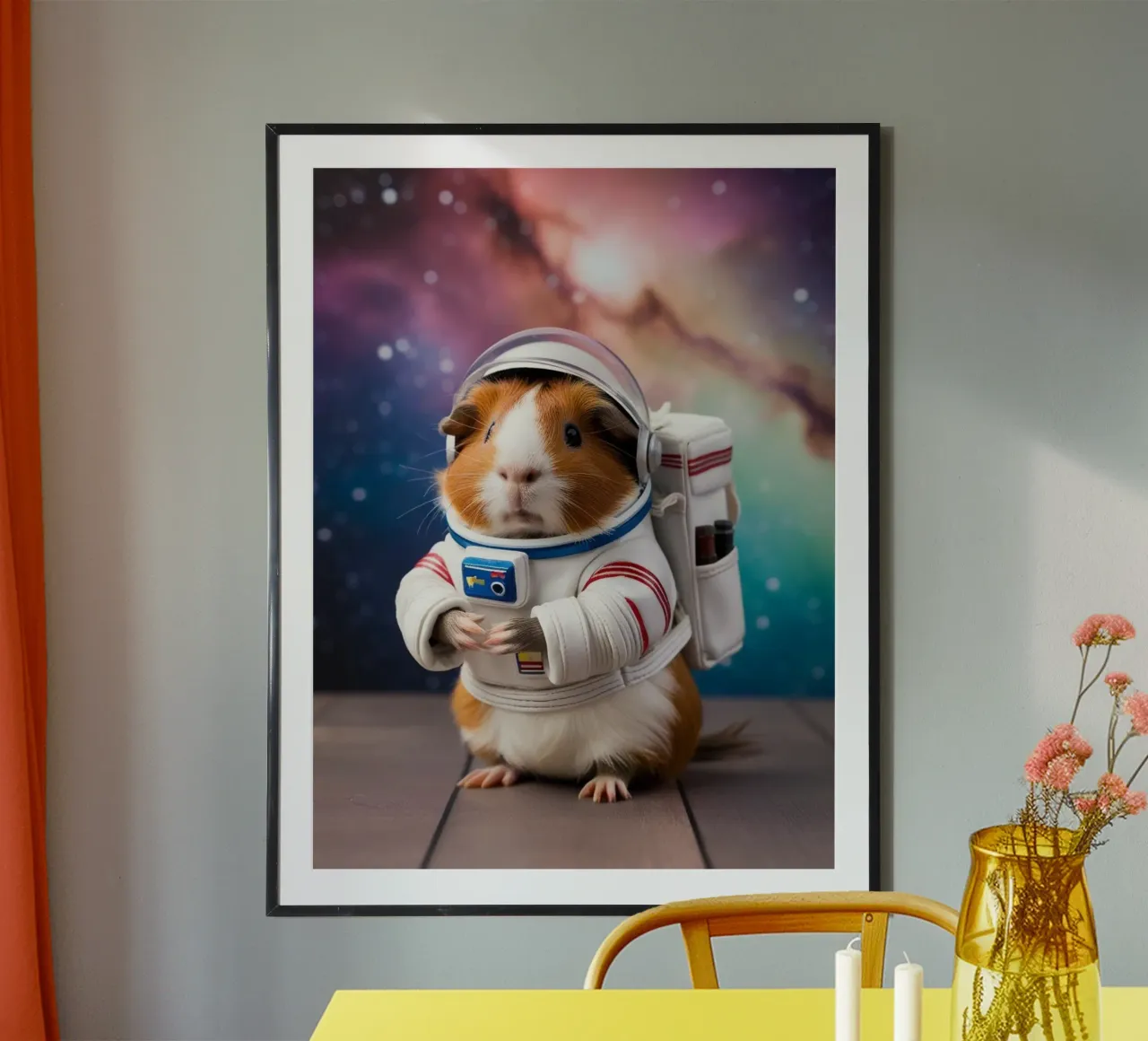 Ein Meerschweinchen in einem Raumanzug poster con telaio in alluminio da Poster Dreams