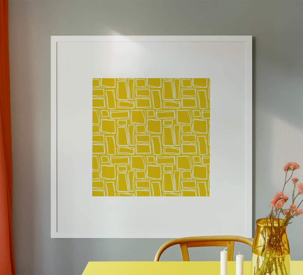Quadrati Doodle in senape dorata poster con telaio in legno da Happy Littles