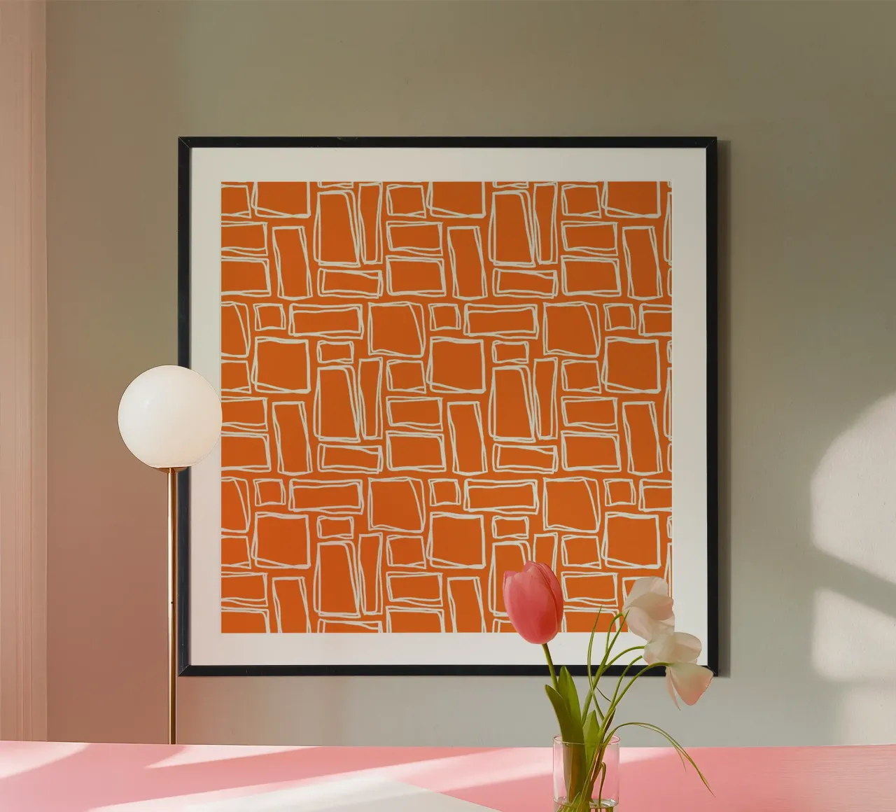 Quadrati Doodle in arancio mandarino poster con telaio in alluminio da Happy Littles