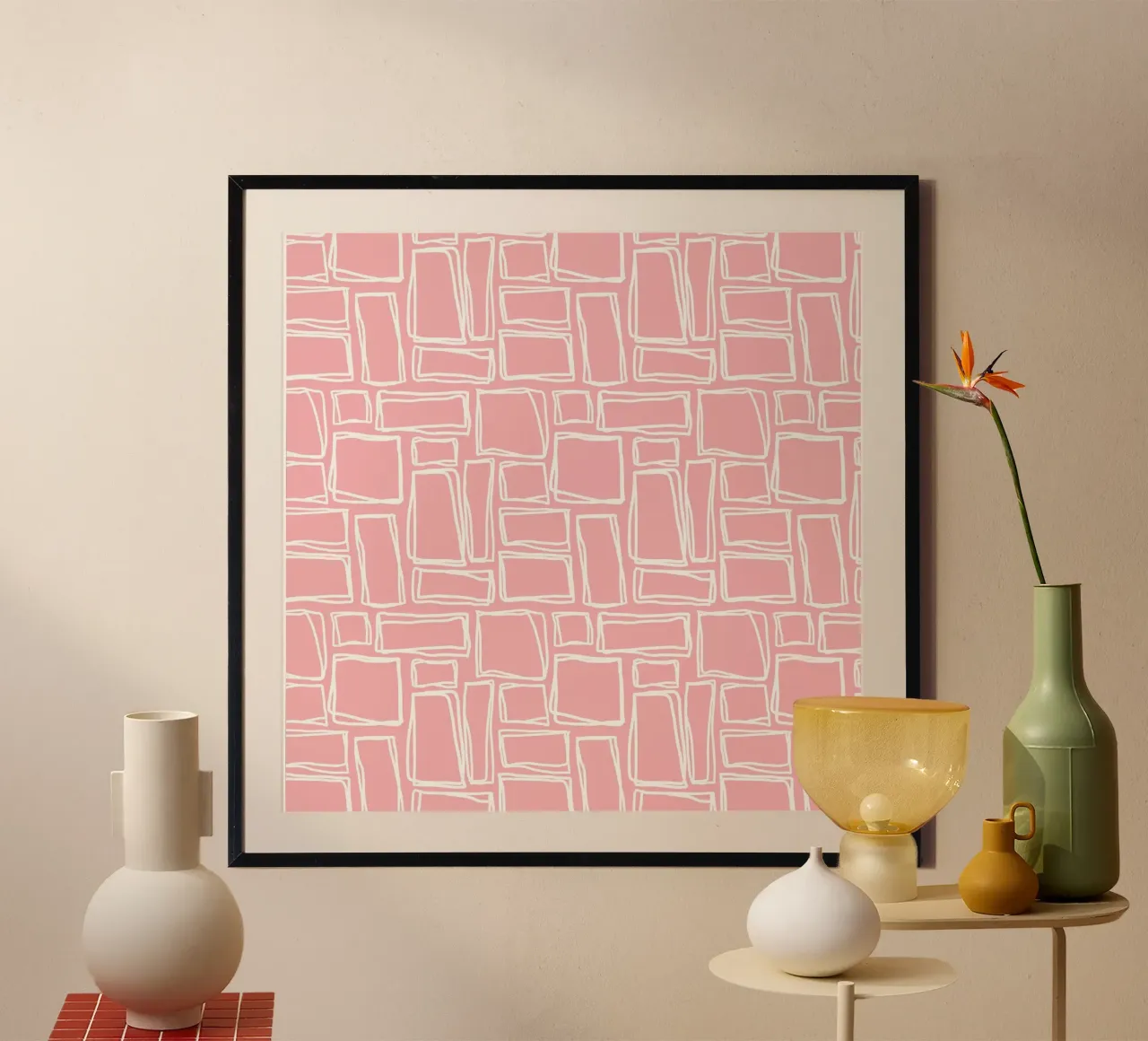 Quadrati Doodle in rosa baby poster con telaio in alluminio da Happy Littles