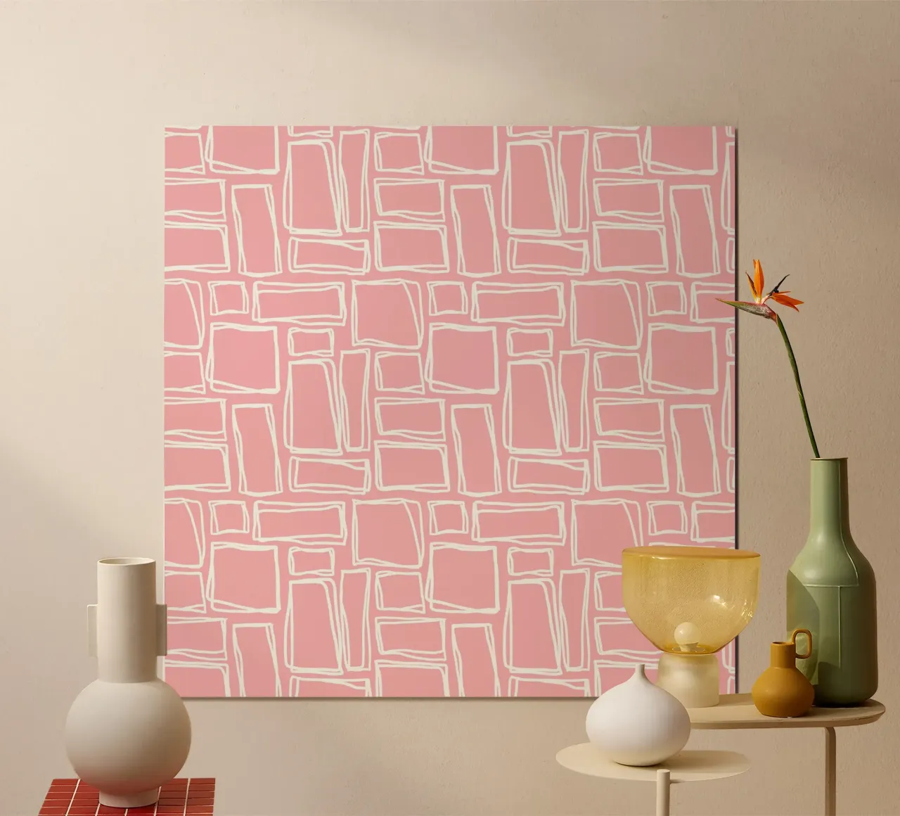 Quadrati Doodle in rosa baby poster con telaio in alluminio da Happy Littles