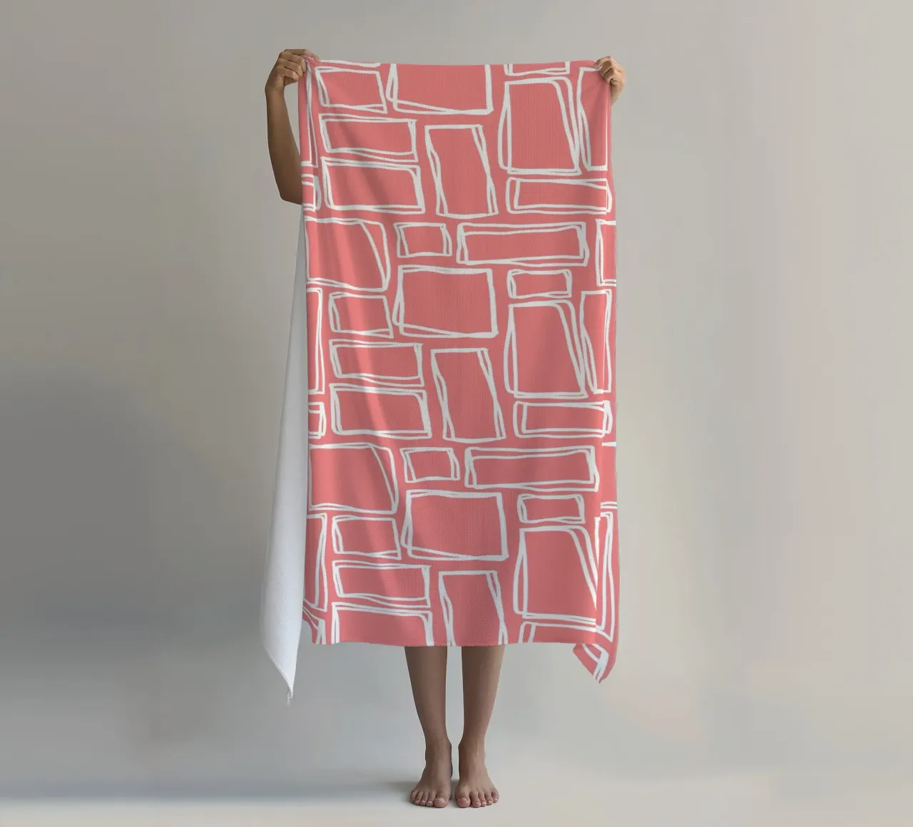Doodle Squares in Coral Blush beach towel by Happy Littles