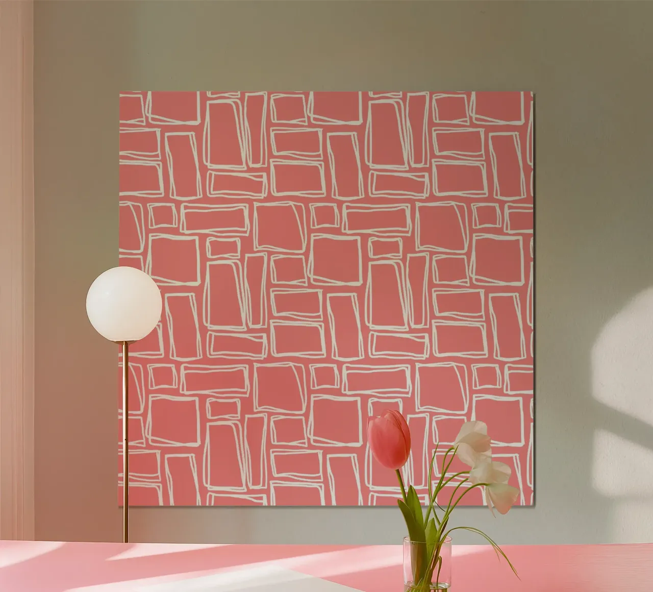 Quadrati Doodle in Coral Blush poster con telaio in legno da Happy Littles