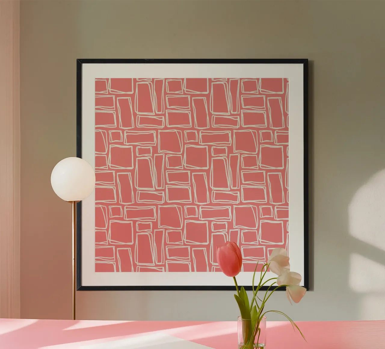 Quadrati Doodle in Coral Blush poster con telaio in legno da Happy Littles