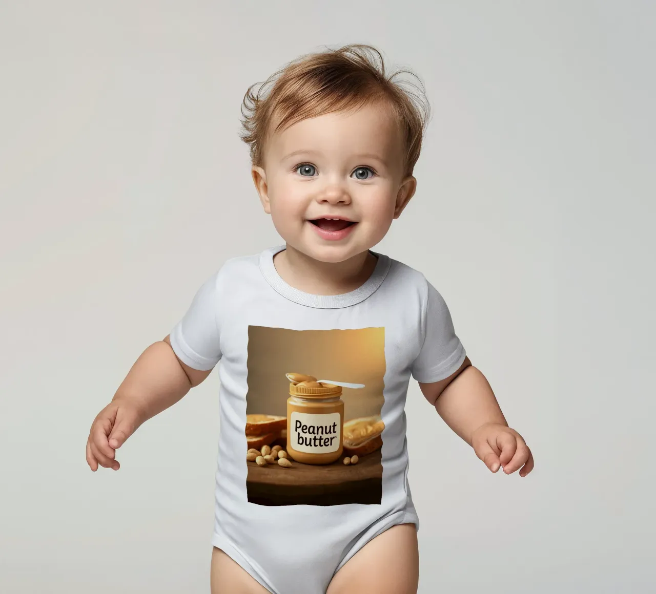 Delicious peanut butter jar with a spoon & slices of bread short-sleeve baby romper by DesignDoodle