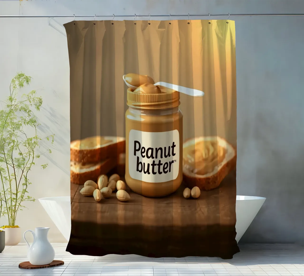 Delicious peanut butter jar with a spoon & slices of bread shower curtain by DesignDoodle