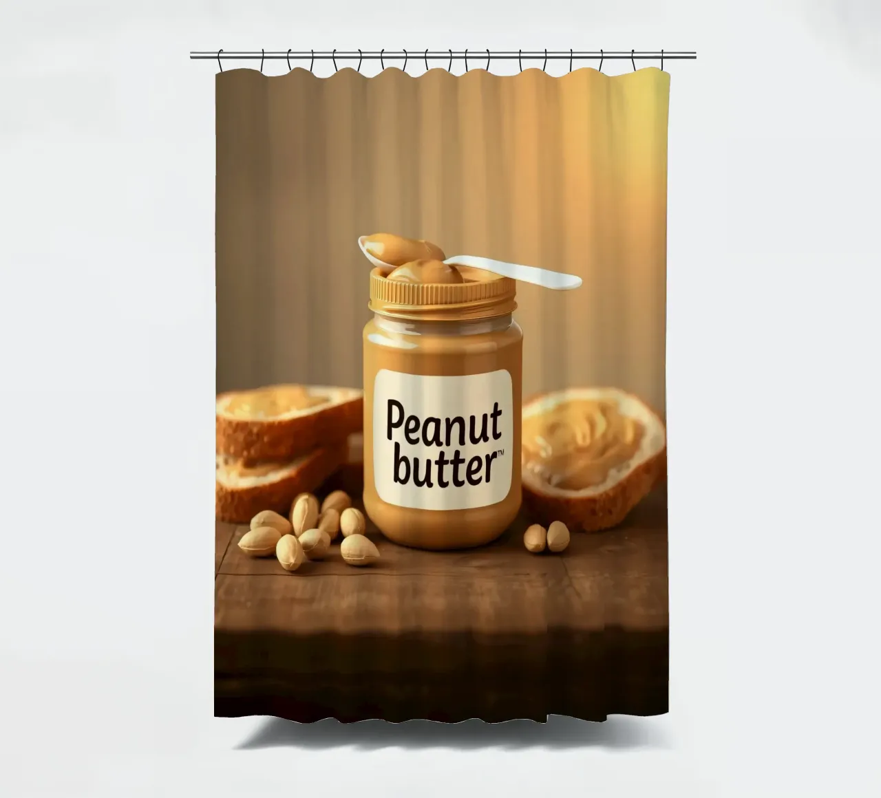 Delicious peanut butter jar with a spoon & slices of bread shower curtain by DesignDoodle