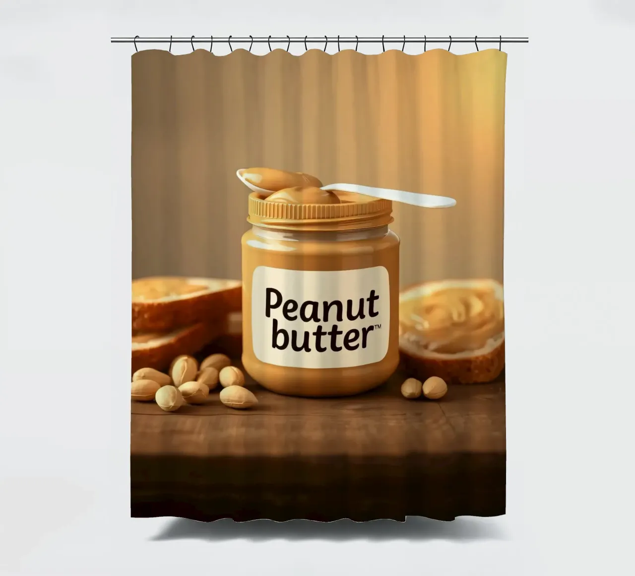Delicious peanut butter jar with a spoon & slices of bread shower curtain by DesignDoodle