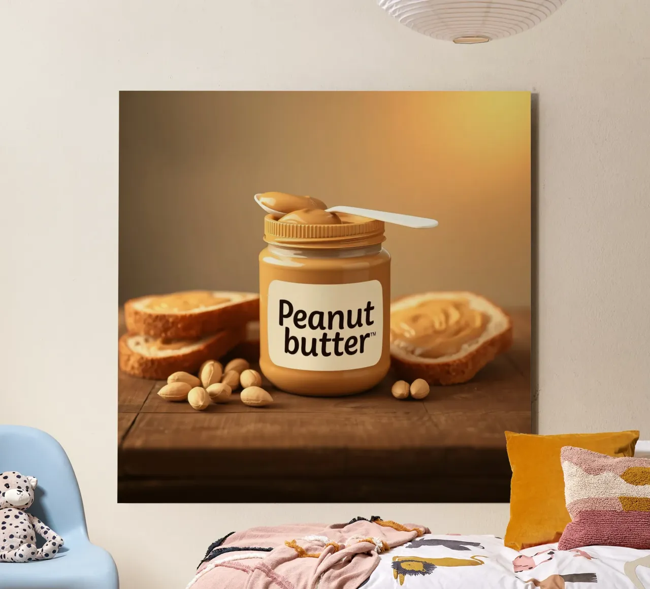 Delicious peanut butter jar with a spoon & slices of bread alu-dibond by DesignDoodle