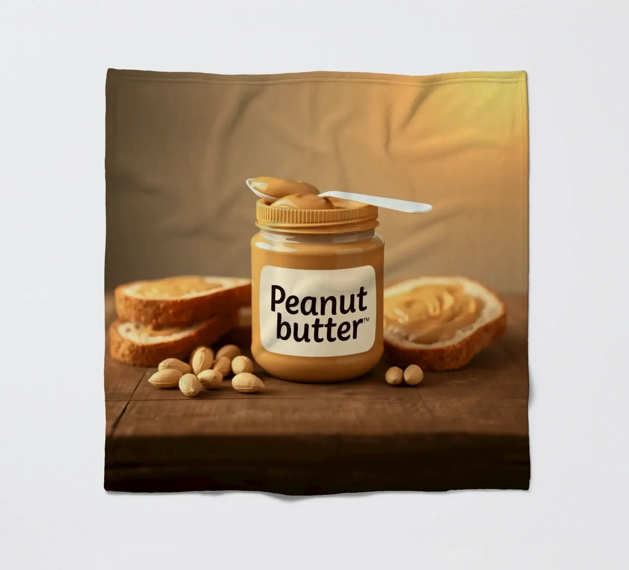Delicious peanut butter jar with a spoon & slices of bread fleece blanket by DesignDoodle