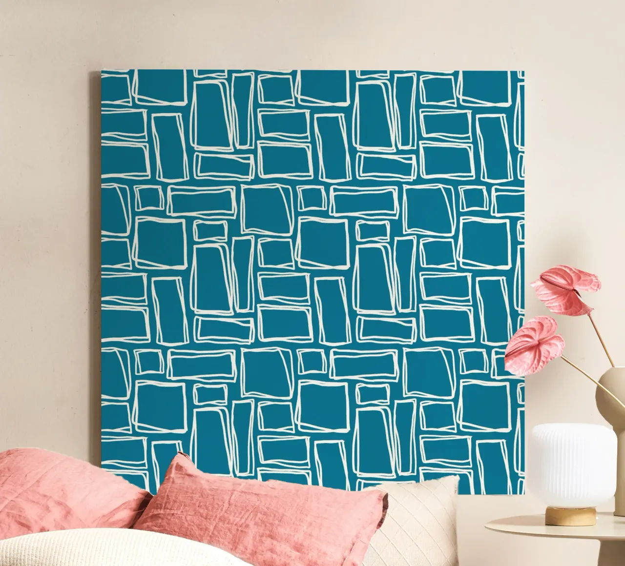 Doodle Squares in diep groenblauw canvas van Happy Littles