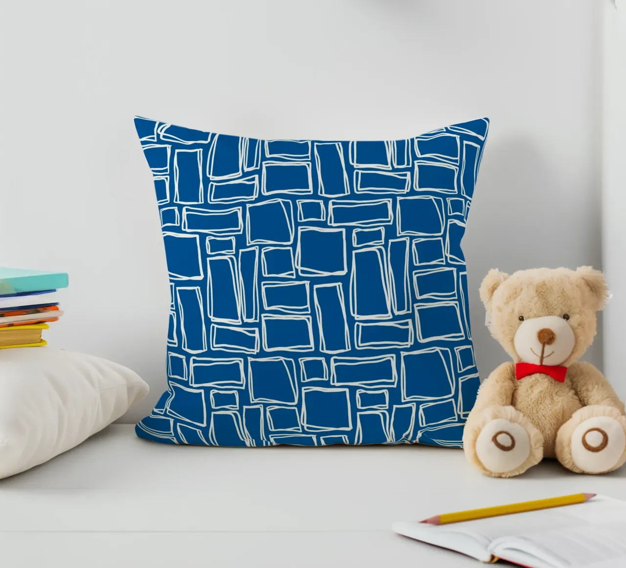 Doodle Squares in Royal Blue decorative cushion by Happy Littles