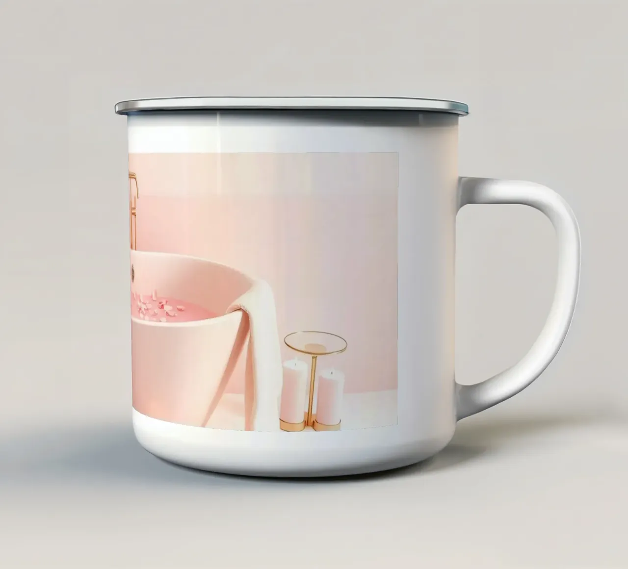 Een ontspannend bad versierd met roze rozen en kaarsen emaille mok van DesignDoodle
