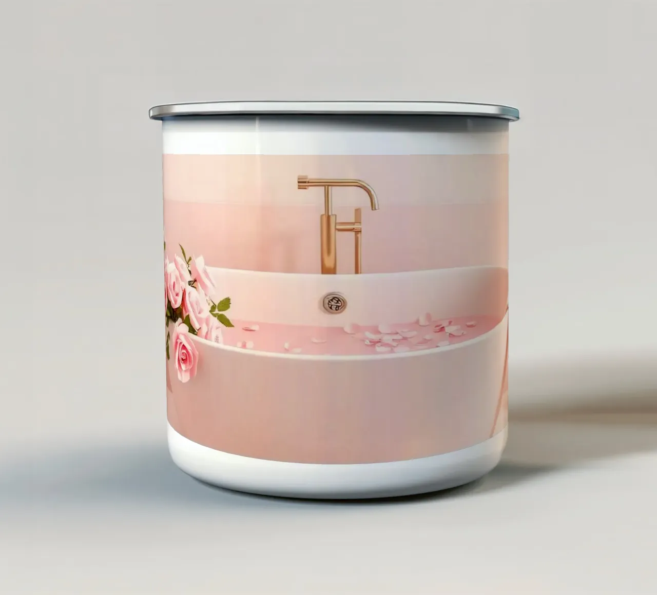 Een ontspannend bad versierd met roze rozen en kaarsen emaille mok van DesignDoodle
