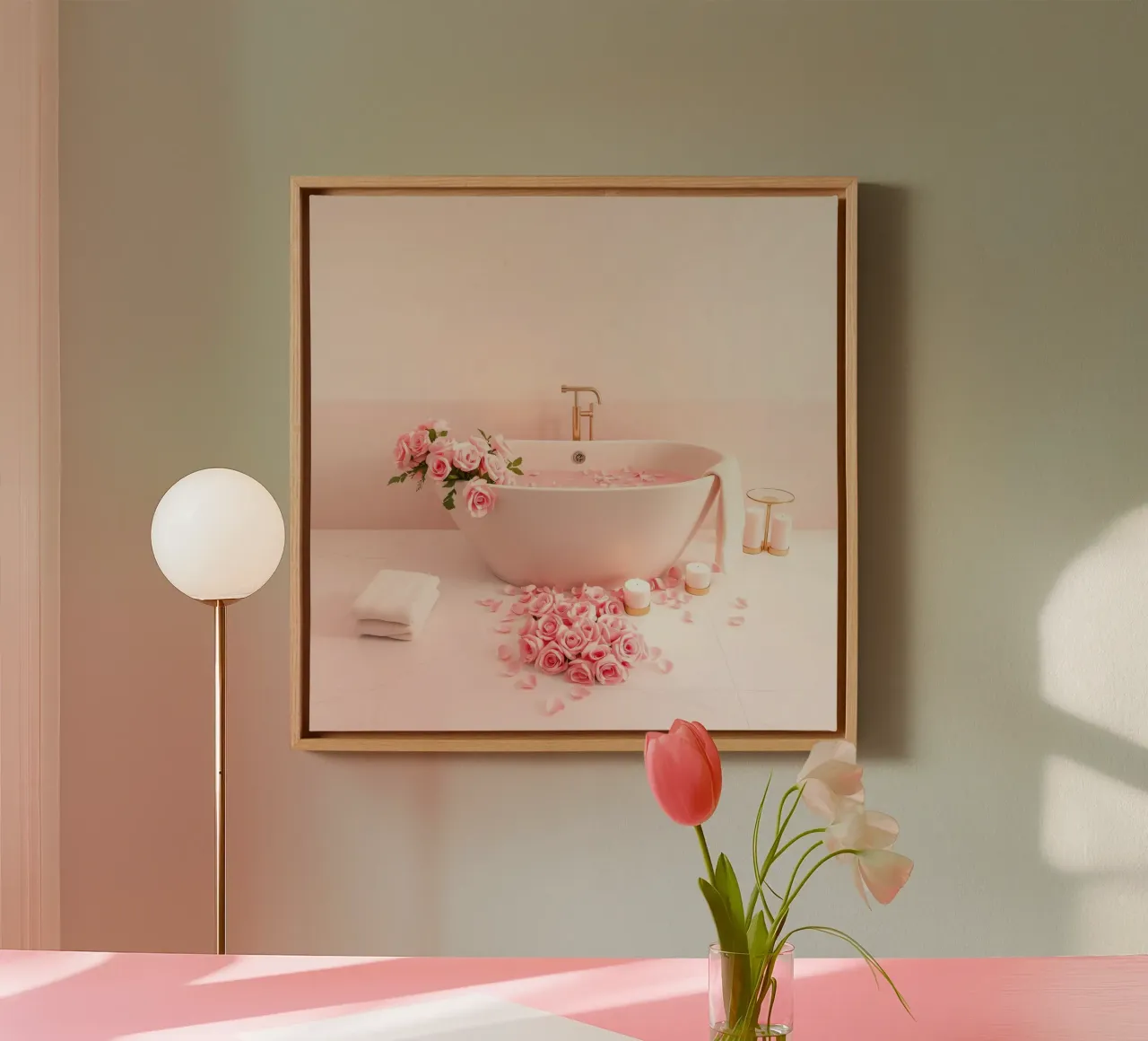 A relaxing bath adorned with pink roses and candles canvas by DesignDoodle