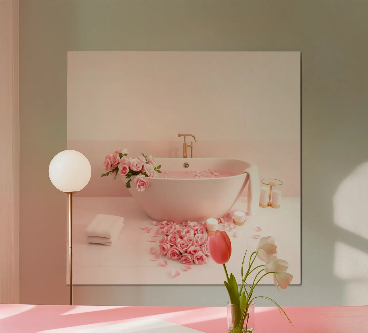 Een ontspannend bad versierd met roze rozen en kaarsen poster met kunststof frame van DesignDoodle