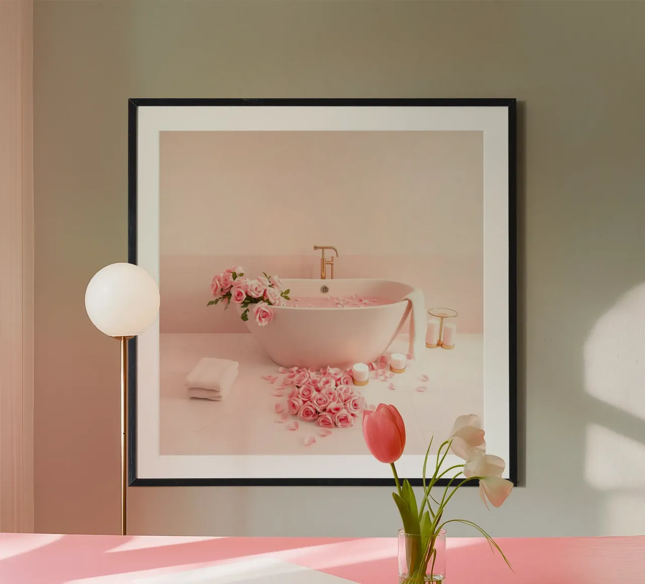 Een ontspannend bad versierd met roze rozen en kaarsen poster met kunststof frame van DesignDoodle