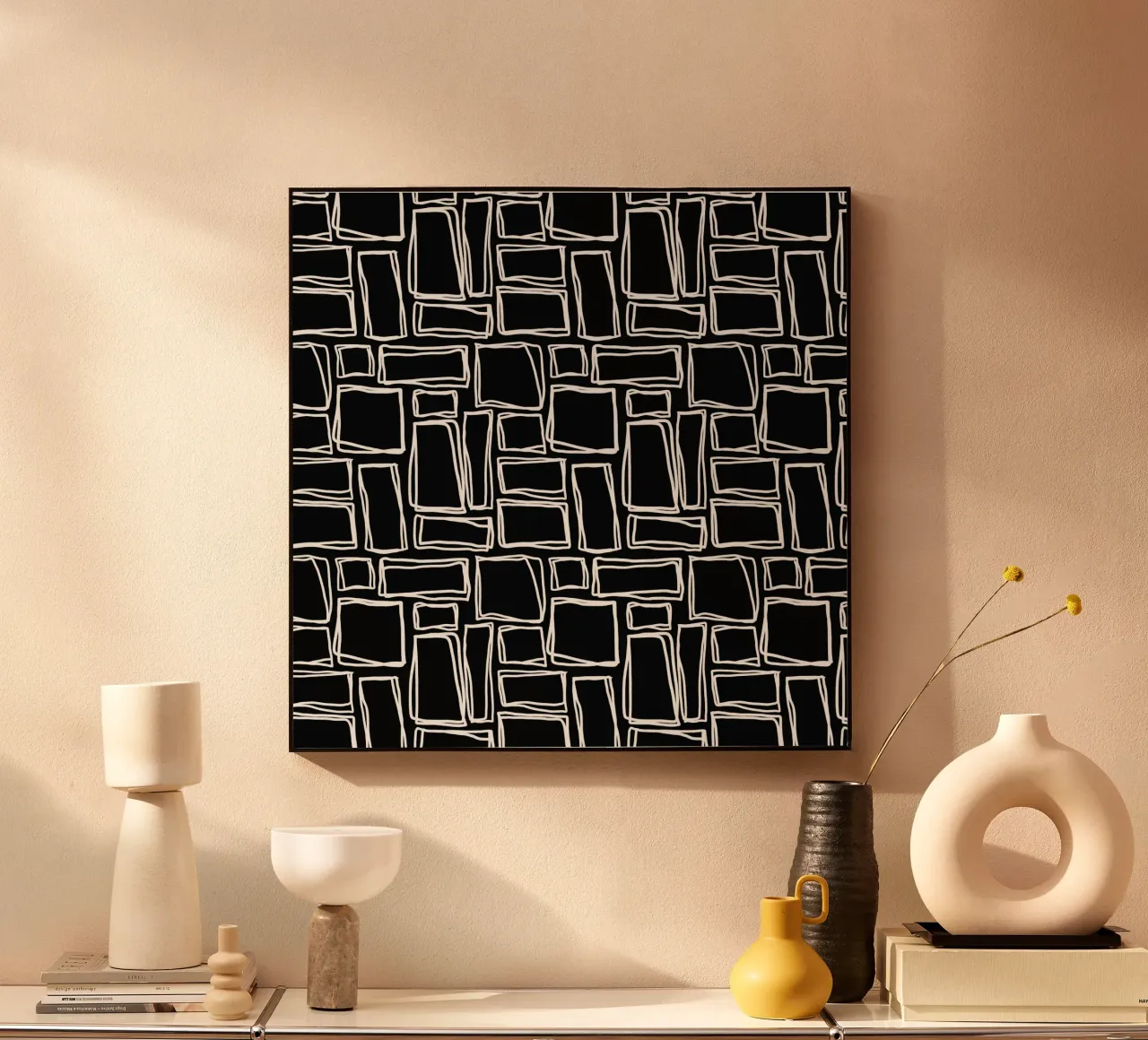 Quadrati Doodle in nero notte alluminio dibond da Happy Littles