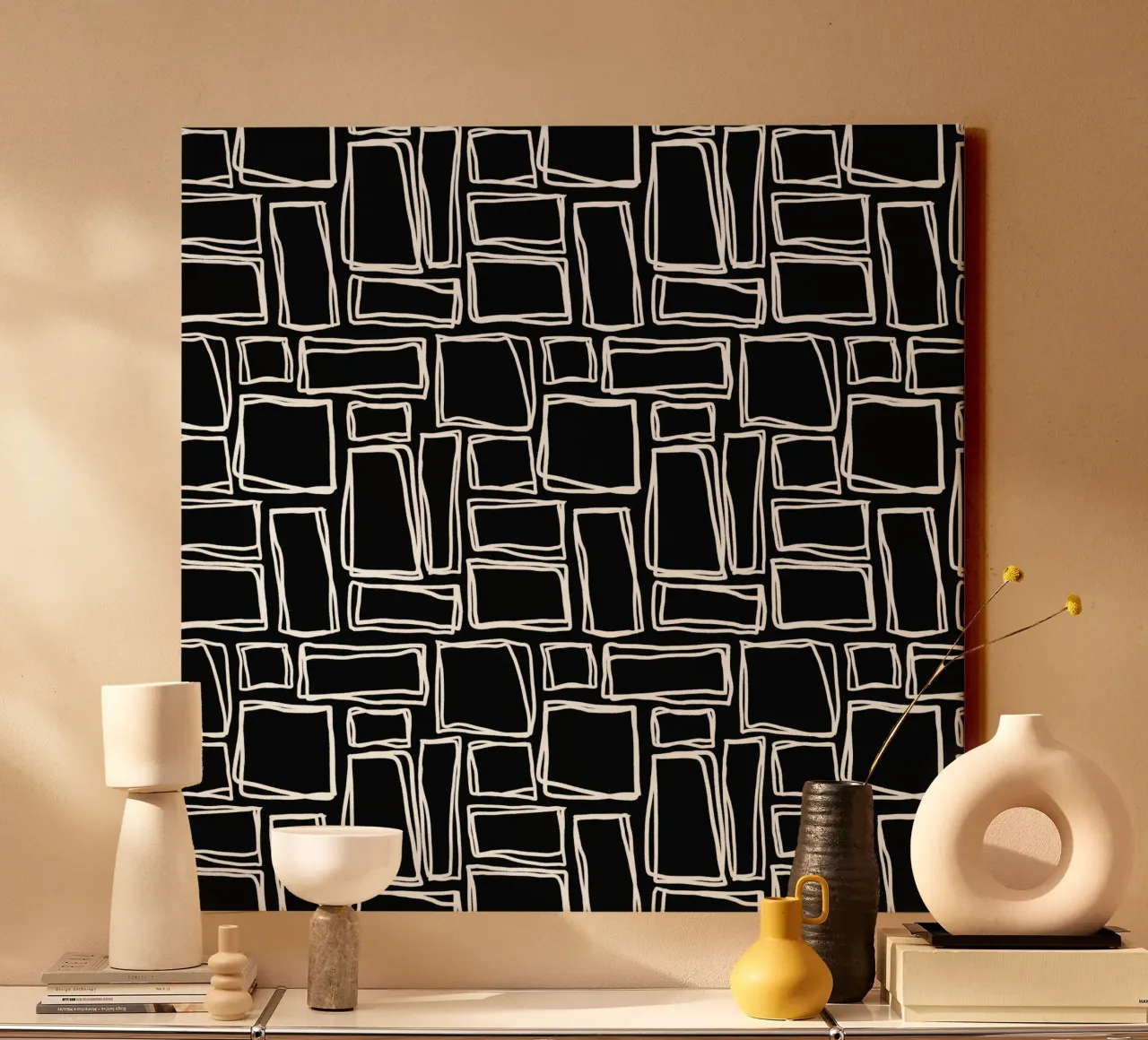 Quadrati Doodle in nero notte tela con Cornice a cassetta da Happy Littles