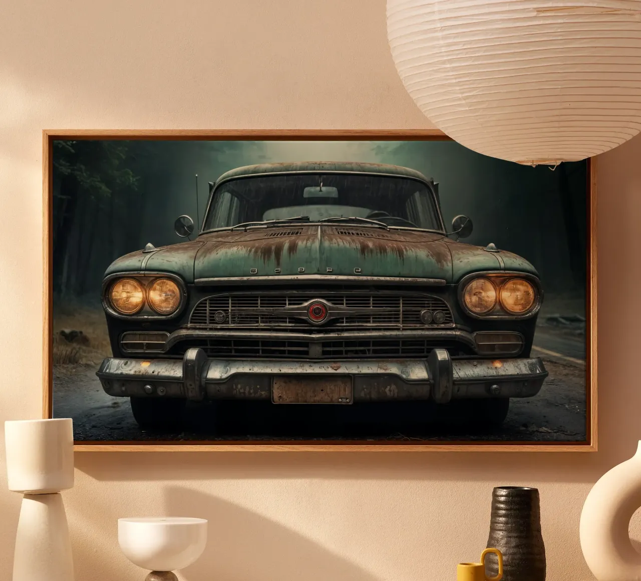 Een mysterieuze oude auto canvas met Baklijst van Magic Screen