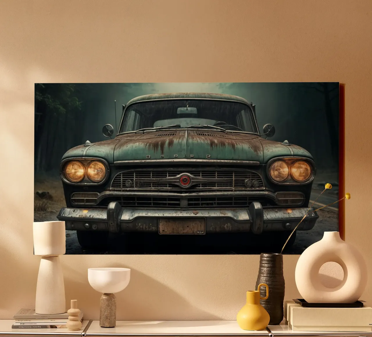 Een mysterieuze oude auto canvas met Baklijst van Magic Screen