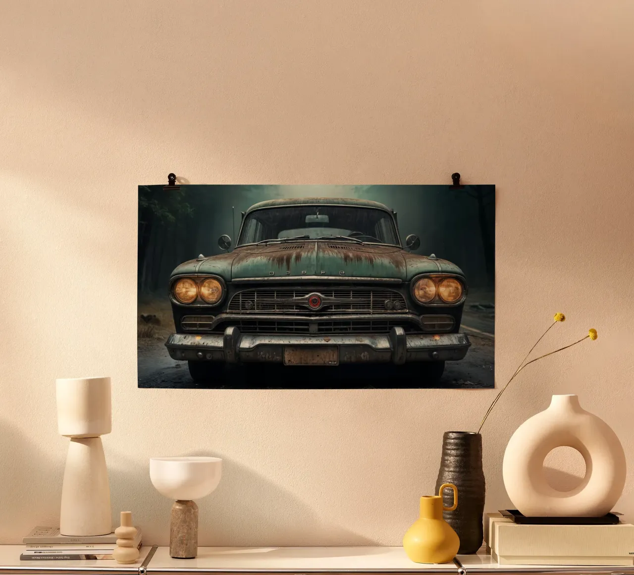 Una vecchia auto misteriosa poster con telaio in legno da Magic Screen