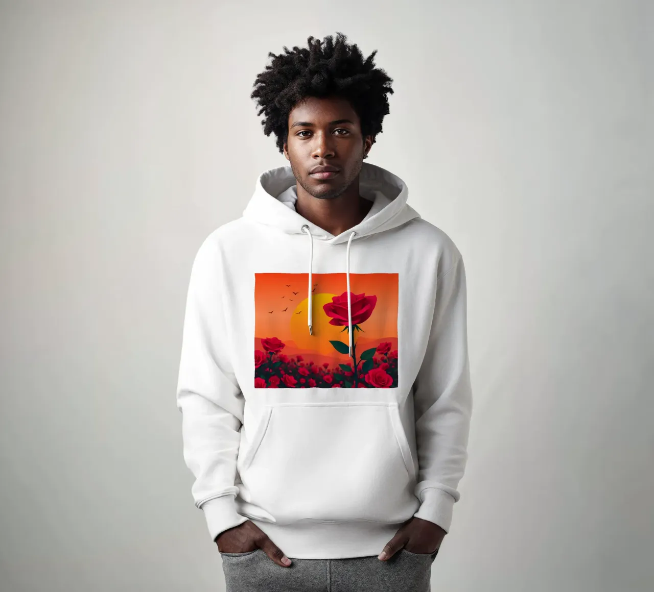Un tramonto su un campo di rose rosse con silhouette di uccelli felpa con cappuccio da DesignDoodle