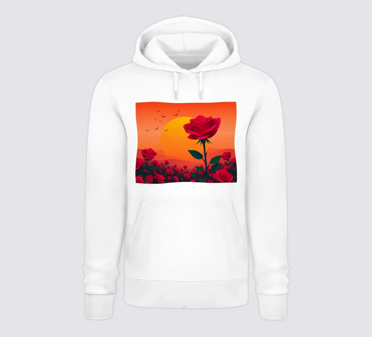Un tramonto su un campo di rose rosse con silhouette di uccelli felpa con cappuccio da DesignDoodle