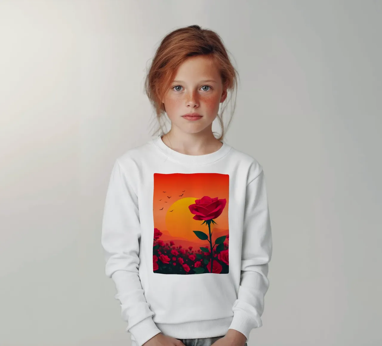 Un tramonto su un campo di rose rosse con silhouette di uccelli felpa bambino da DesignDoodle