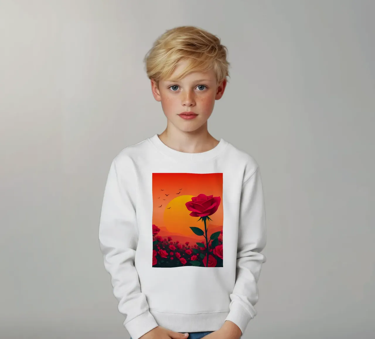 Un tramonto su un campo di rose rosse con silhouette di uccelli felpa bambino da DesignDoodle